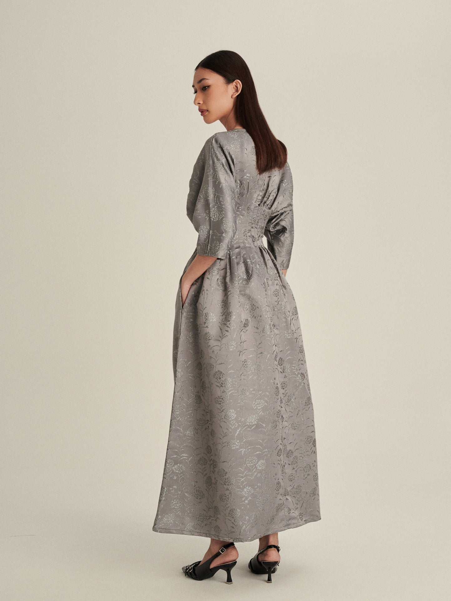 Verona Jacquard Dress in Platinum Green