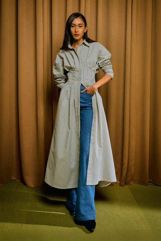 Ava Stripe Dress in Olive Moss