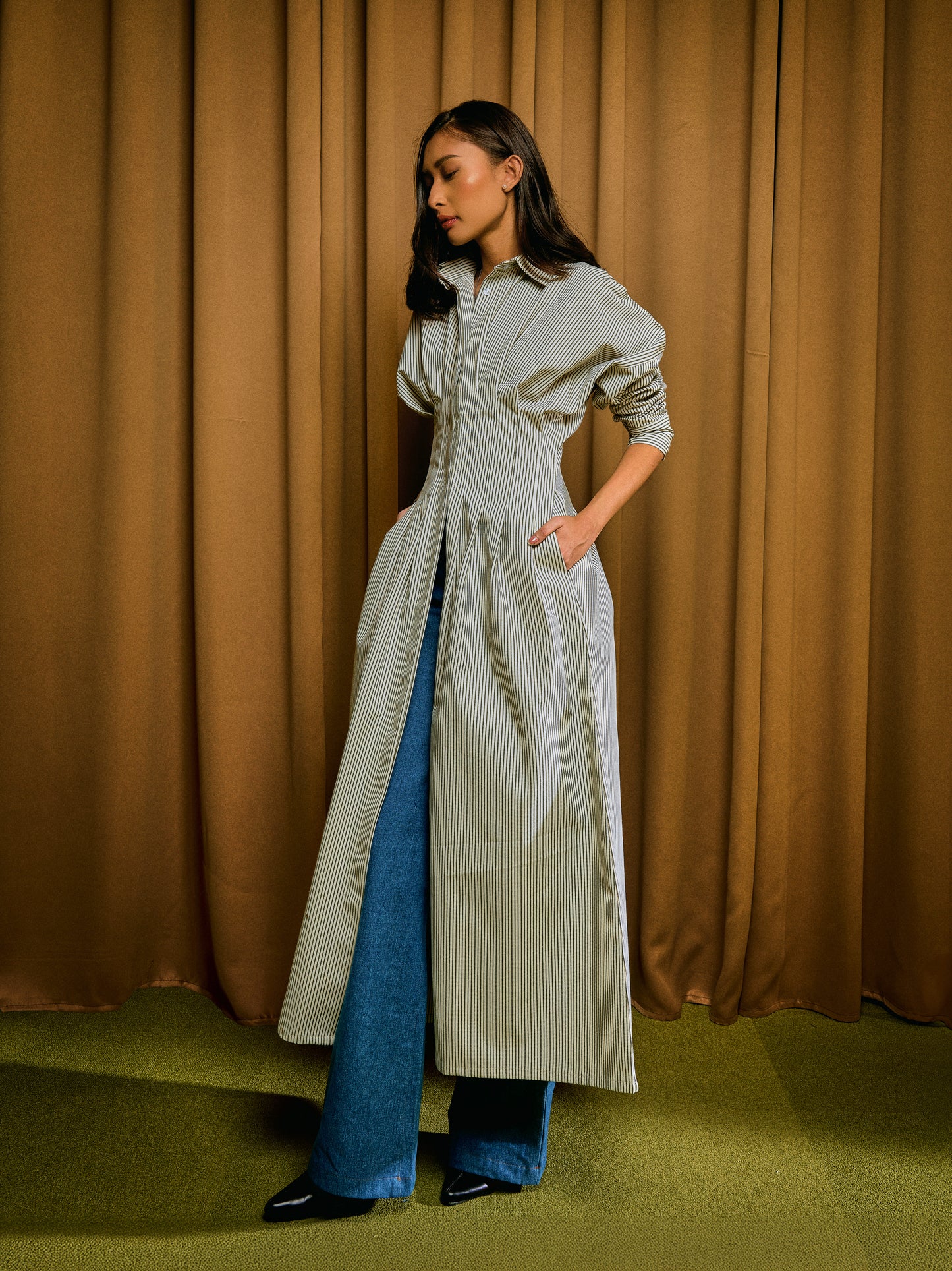 Ava Stripe Dress in Olive Moss