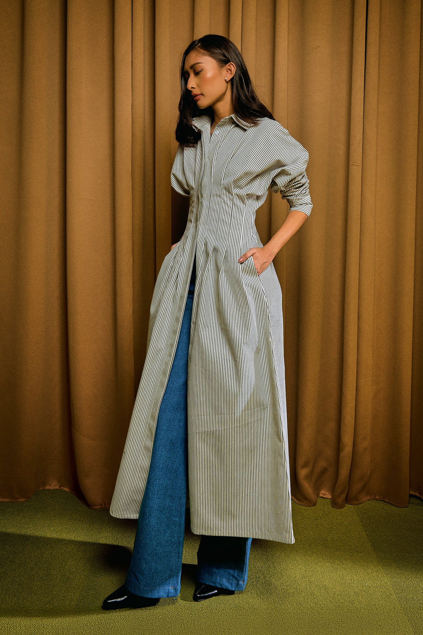 Ava Stripe Dress in Olive Moss