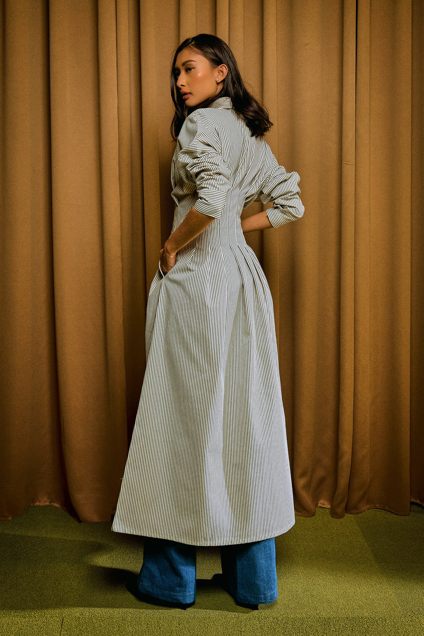 Ava Stripe Dress in Olive Moss