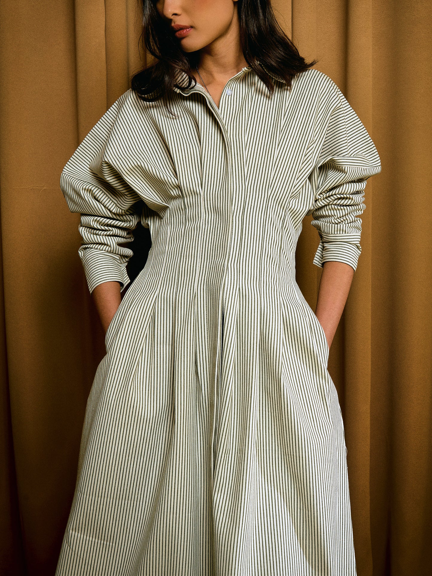 Ava Stripe Dress in Olive Moss