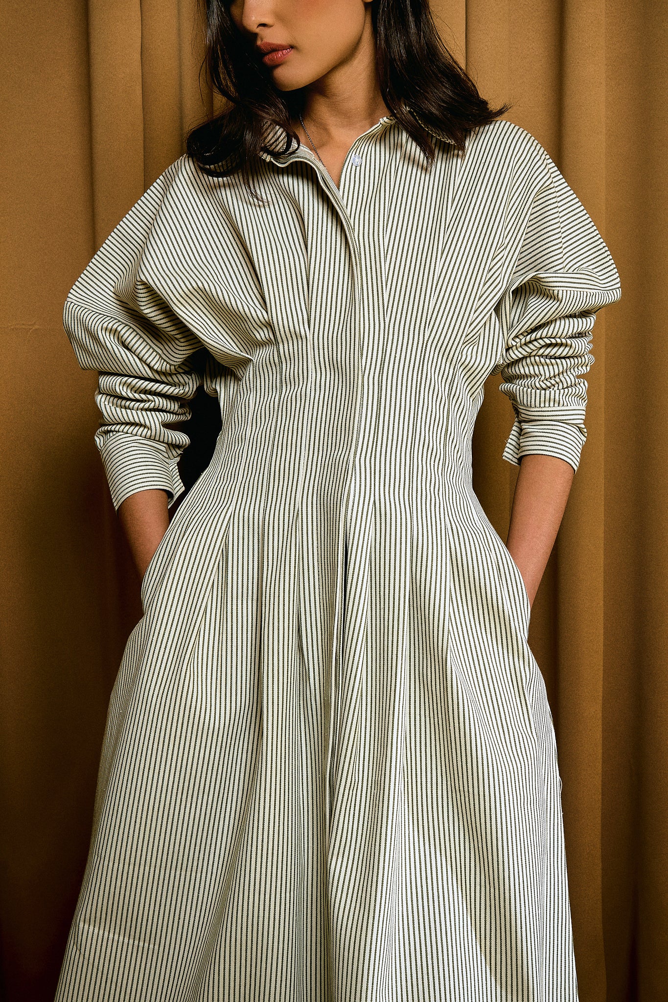Ava Stripe Dress in Olive Moss