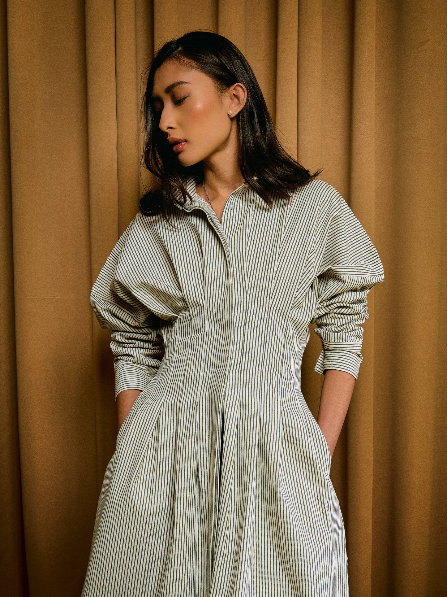 Ava Stripe Dress in Olive Moss