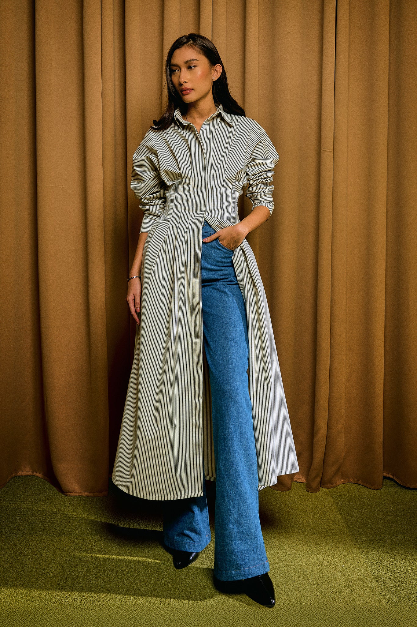 Ava Stripe Dress in Olive Moss