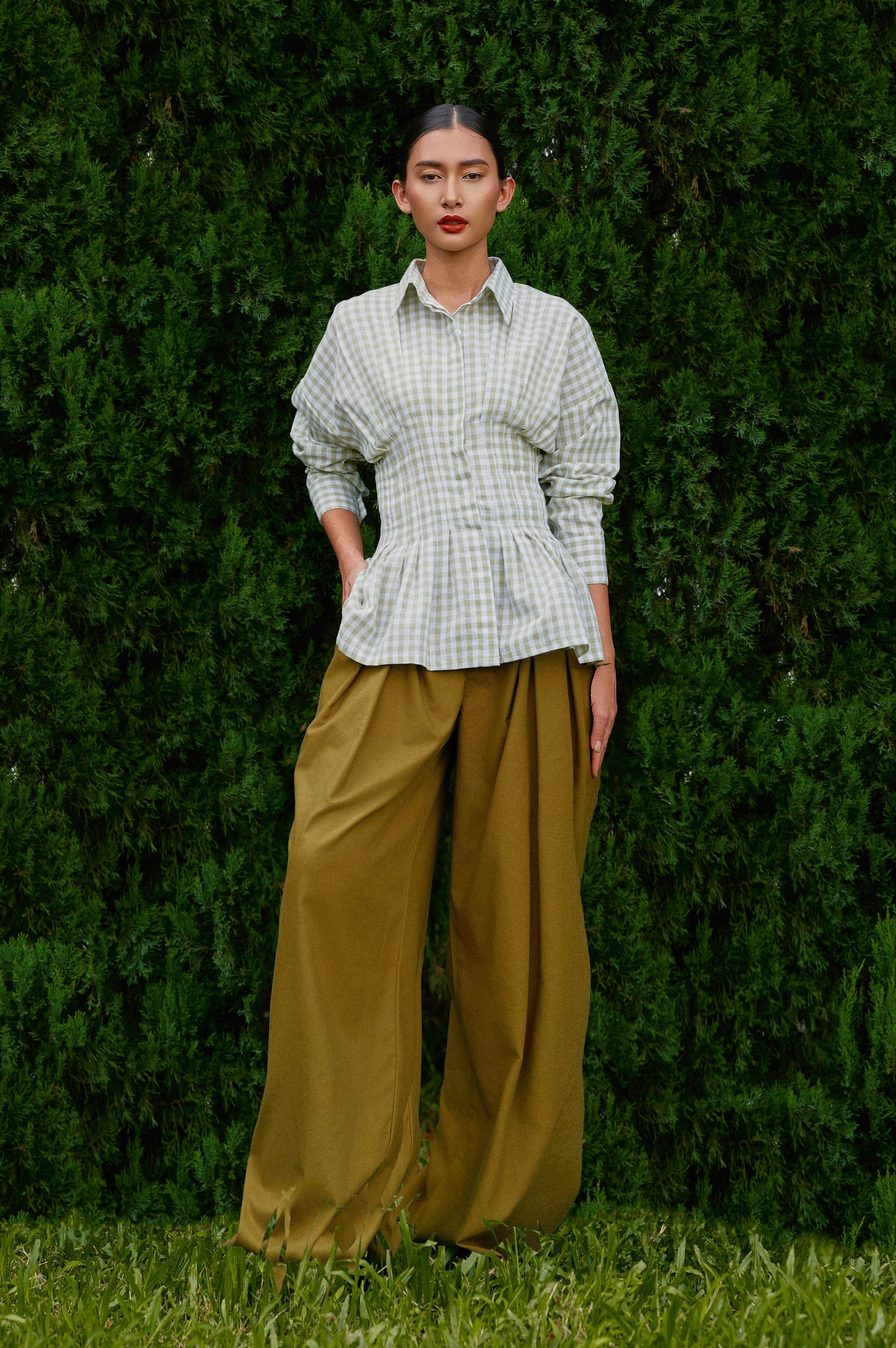 Vera Cotton Gingham Top in Green Tea