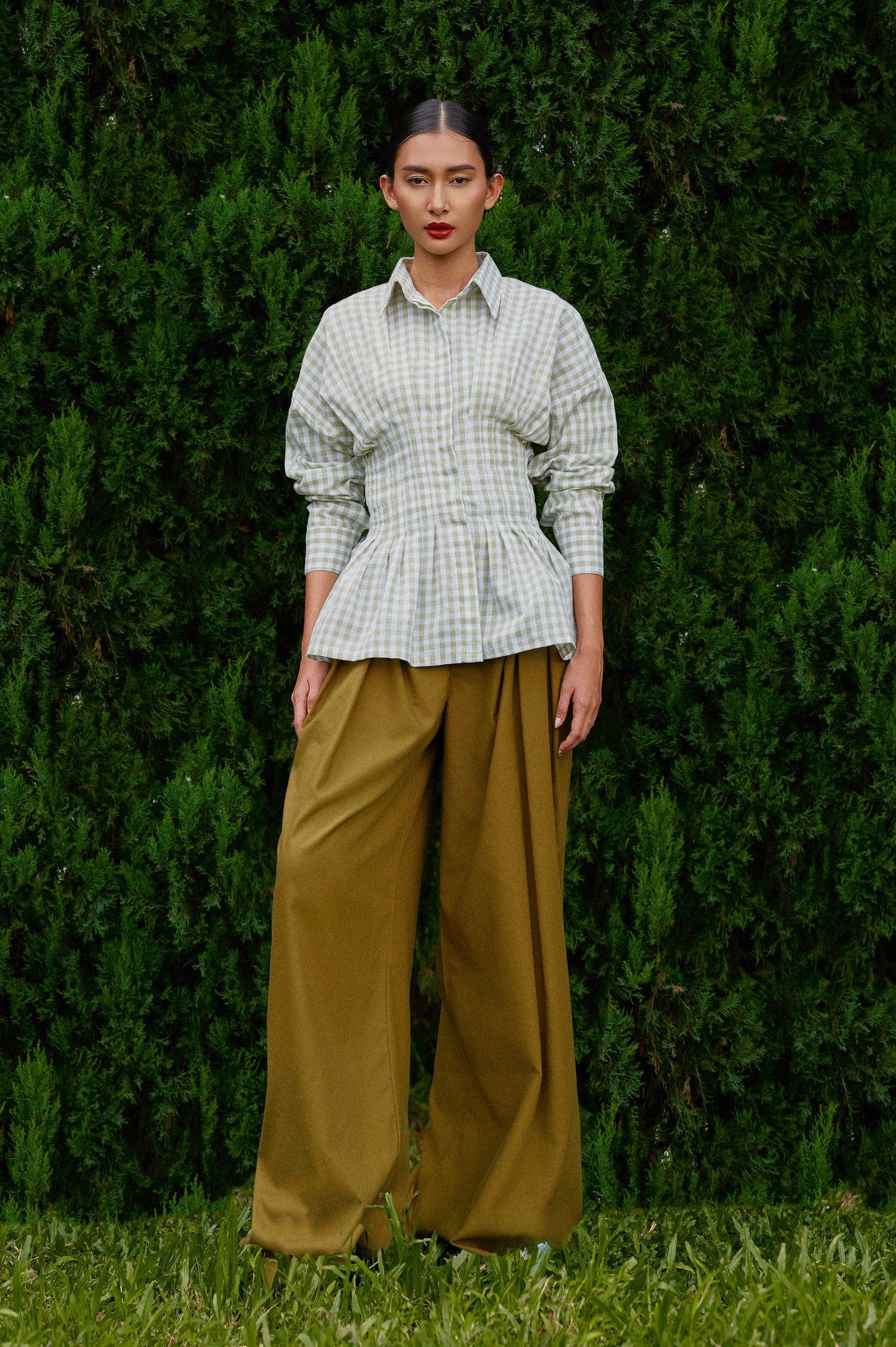 Vera Cotton Gingham Top in Green Tea