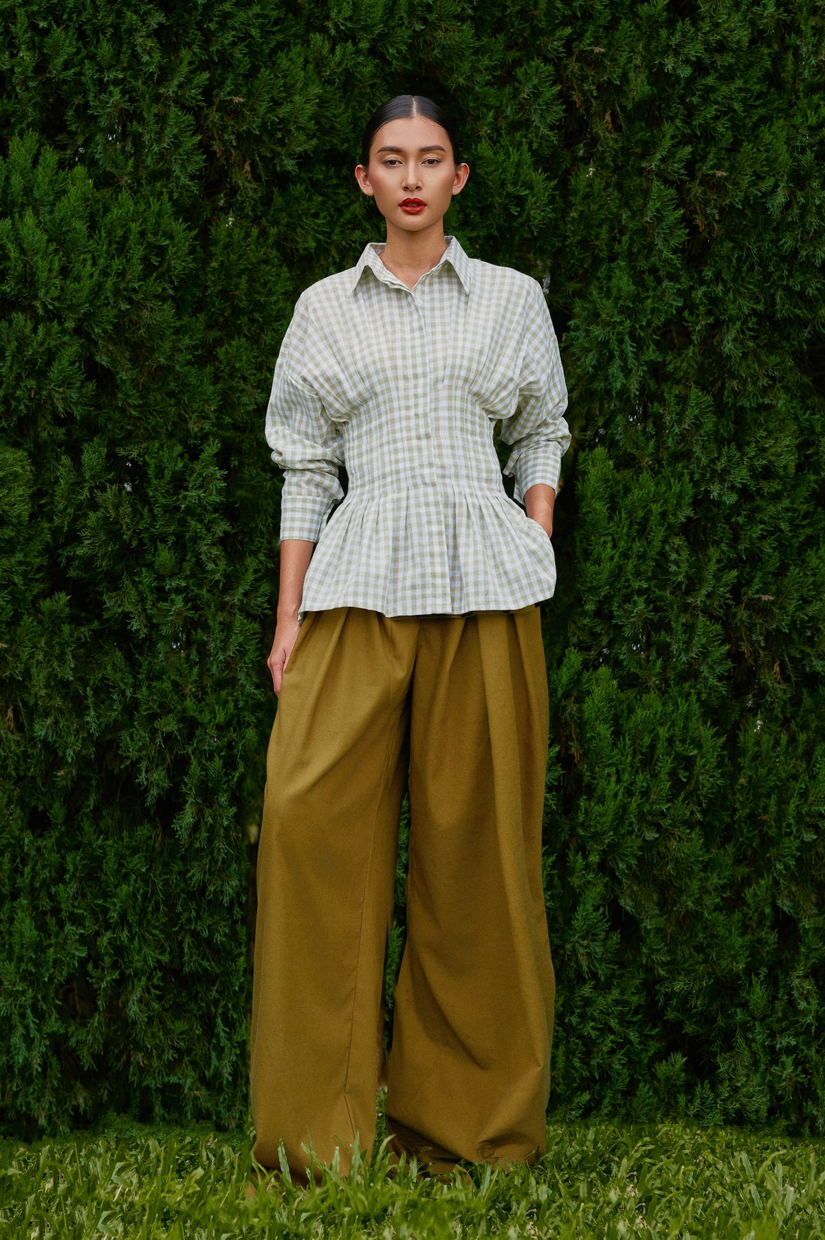 Vera Cotton Gingham Top in Green Tea