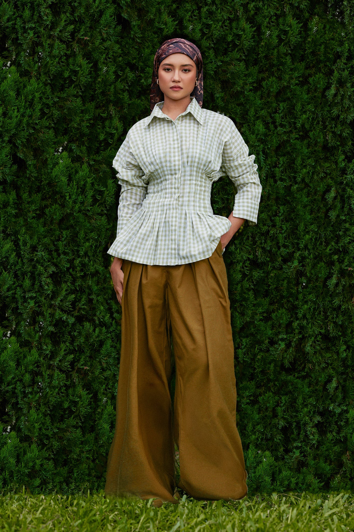 Vera Cotton Gingham Top in Green Tea