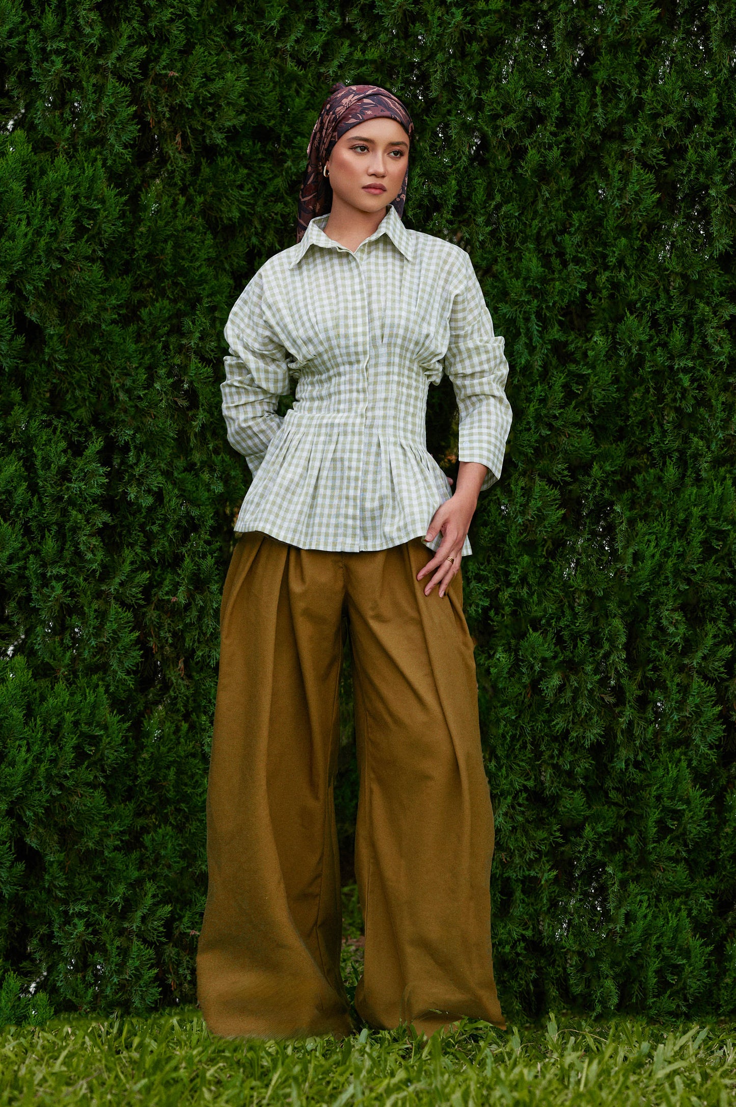 Vera Cotton Gingham Top in Green Tea
