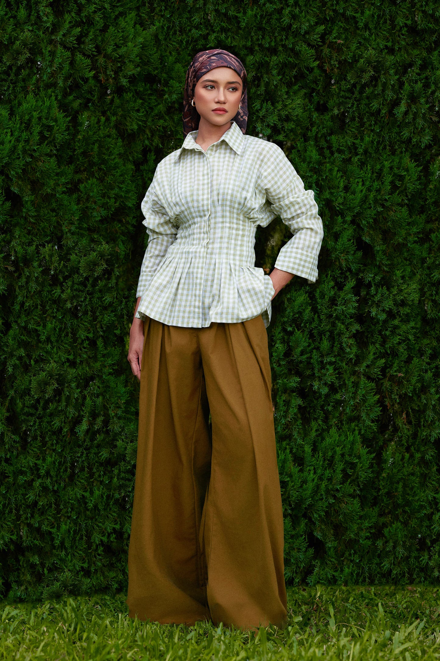 Vera Cotton Gingham Top in Green Tea