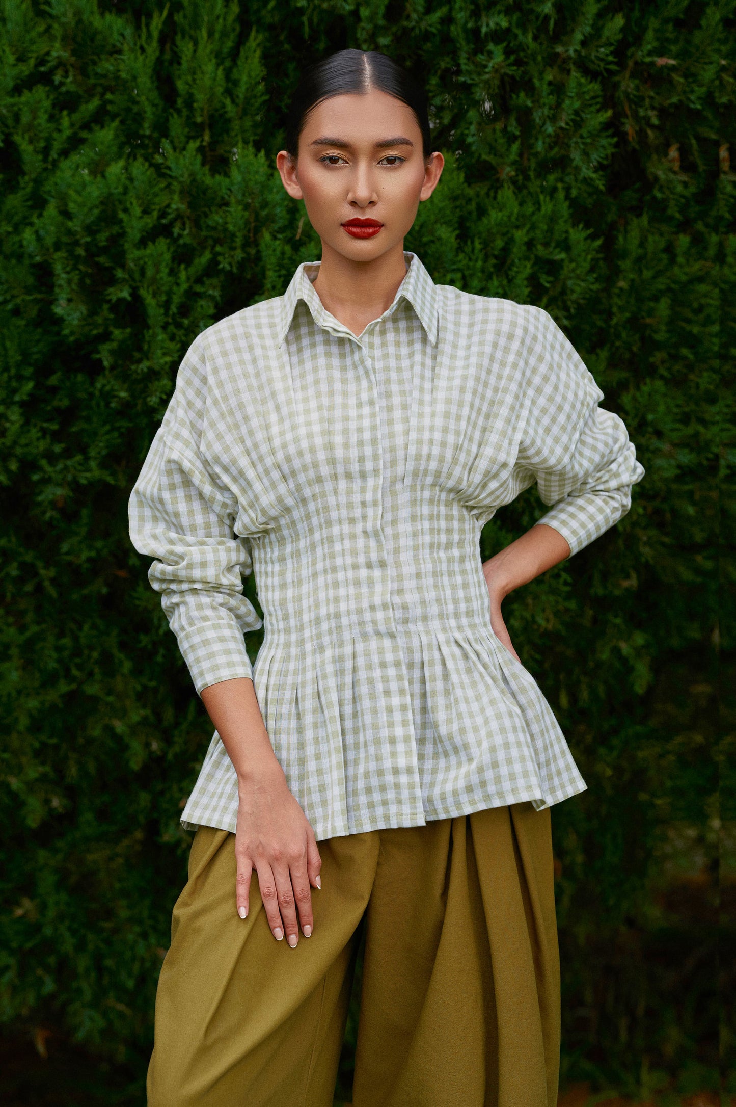 Vera Cotton Gingham Top in Green Tea