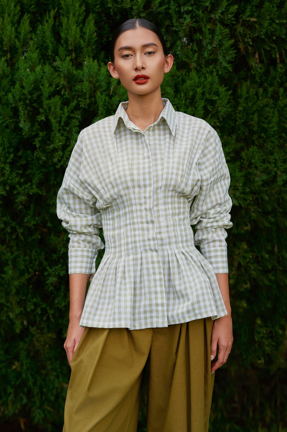 Vera Cotton Gingham Top in Green Tea