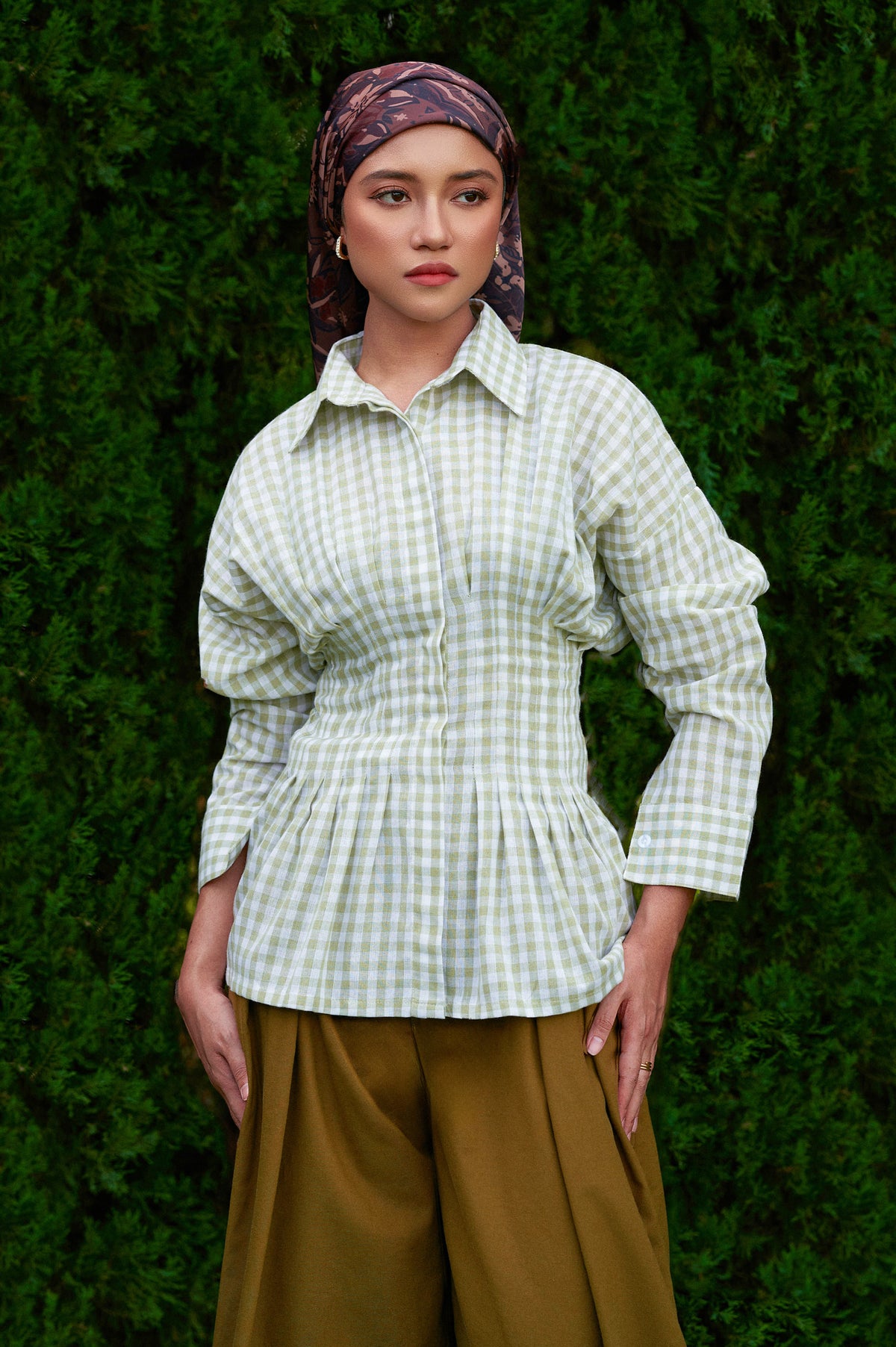 Vera Cotton Gingham Top in Green Tea