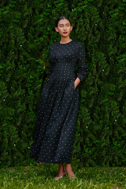 Mally Polka Tencel-Linen Dress in Midnight