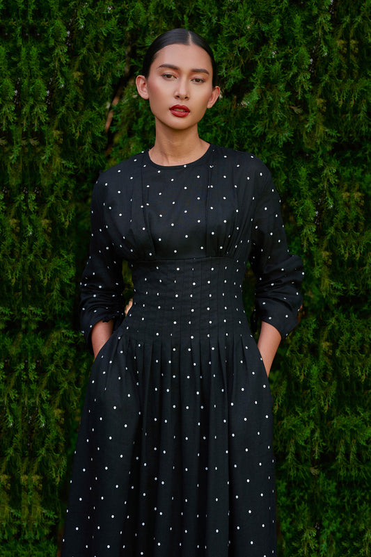 Mally Polka Tencel-Linen Dress in Midnight