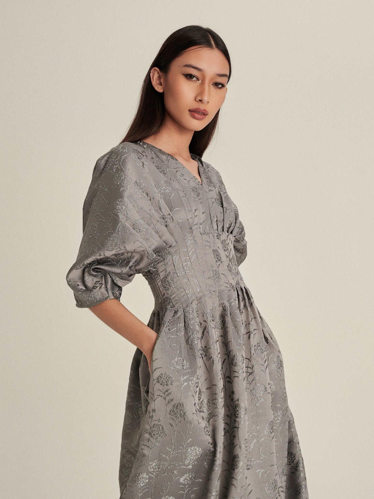 Verona Jacquard Dress in Platinum Green